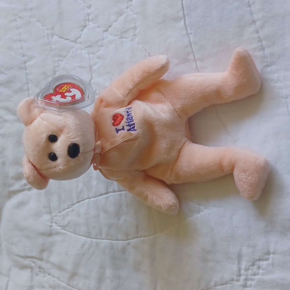 Ty Beanie Babies 2004 ATLANTA - I Love Atlanta Peach Color Bear With Tag Case